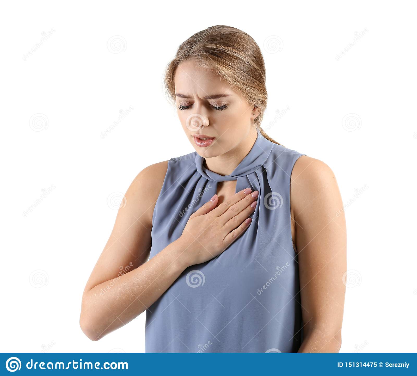 Young Woman Having Heart Attack On White Background Stock Image
